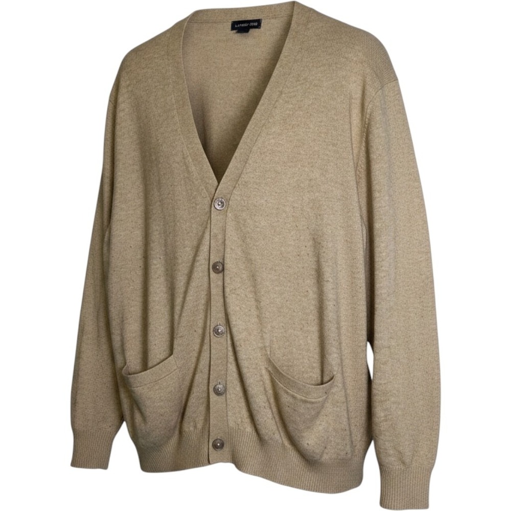 Lands End Tan Cardigan Sweater Men's L Pockets Old Money Grandpacore‎ Academia